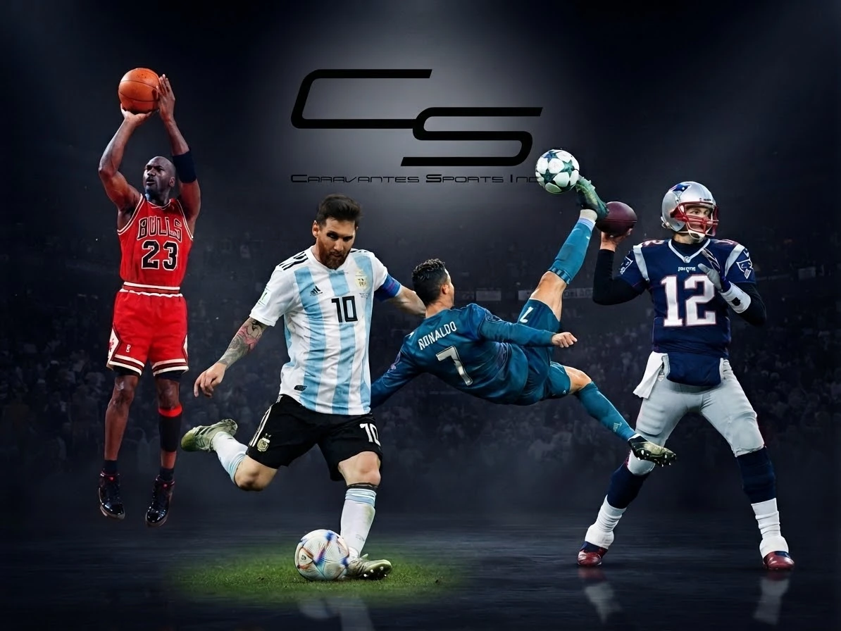 CARAVANTES Sports artwork featuring Michael Jordan, Lionel Messi, Cristiano Ronaldo, and Tom Brady.